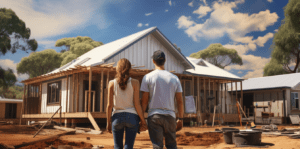 A couple standing in front of their house under construction, reading to do a Handover inspection
